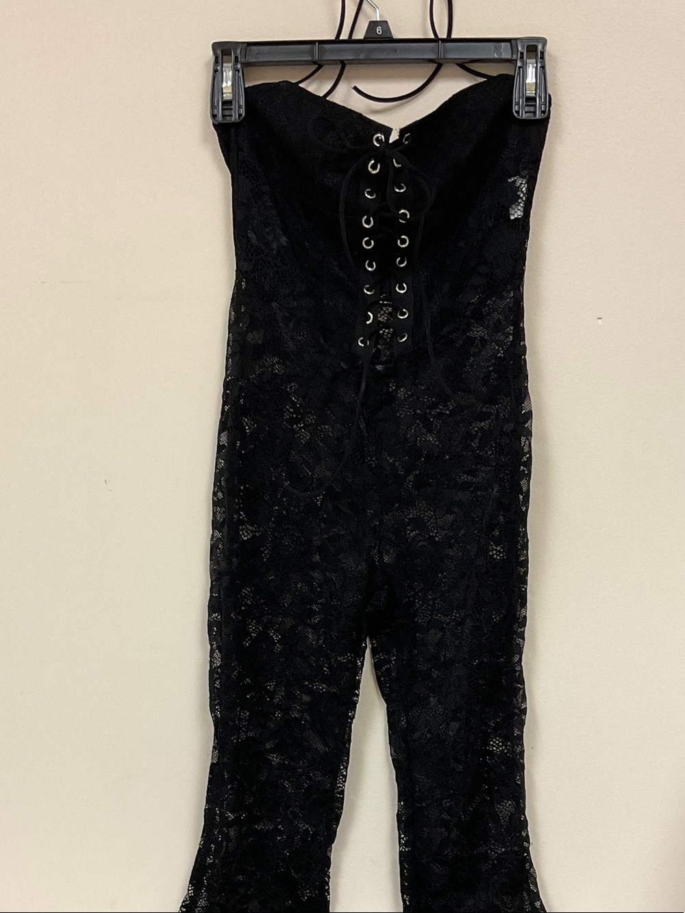 Black Lace Tie Jumpsuit with Corset Lace-Up. Lace Sheer. XS. NEW